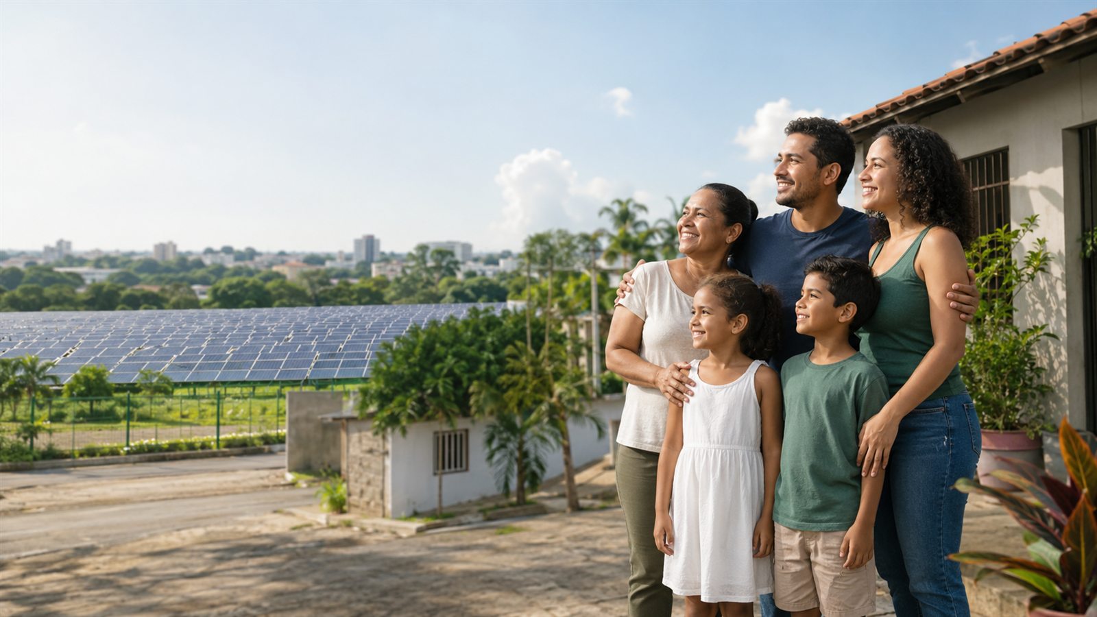 Família de Rio Branco em frente a uma usina de energia solar do programa Solar Cidadão.